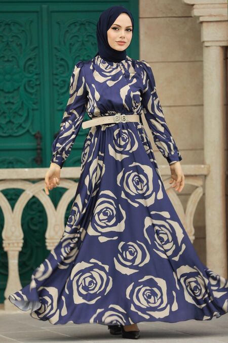  Satin Navy Blue Islamic Evening Dress 39232L - NEVA STYLE