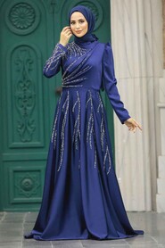  Satin Navy Blue Islamic Long Sleeve Dress 3984L - 2