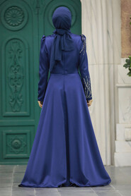  Satin Navy Blue Islamic Long Sleeve Dress 3984L - 4