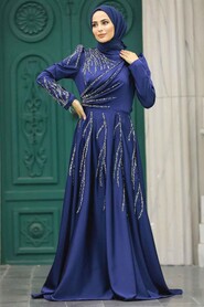  Satin Navy Blue Islamic Long Sleeve Dress 3984L - 1