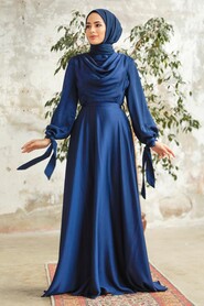  Satin Navy Blue Islamic Long Sleeve Maxi Dress 38031L - 1