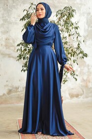  Satin Navy Blue Islamic Long Sleeve Maxi Dress 38031L - 2