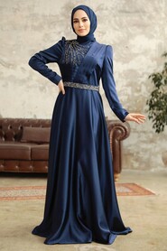  Satin Navy Blue Islamic Wedding Dress 3967L - 1