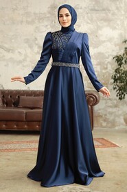  Satin Navy Blue Islamic Wedding Dress 3967L - 2