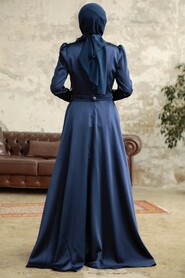  Satin Navy Blue Islamic Wedding Dress 3967L - 3
