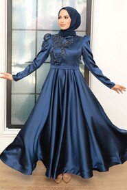  Satin Navy Blue Modest Evening Dress 22584L - 3
