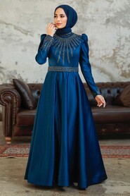  Satin Navy Blue Modest Islamic Clothing Wedding Dress 22840L - 1