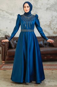  Satin Navy Blue Modest Islamic Clothing Wedding Dress 22840L - 2