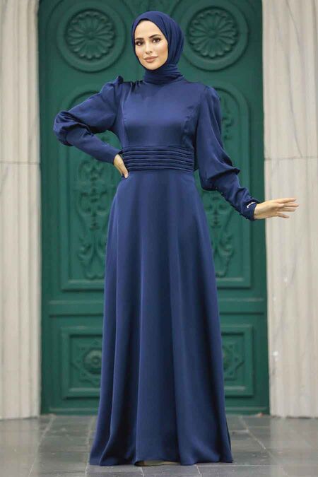  Satin Navy Blue Muslim Bridesmaid Dress 4171L - NEVA STYLE