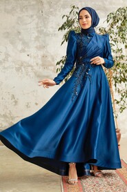  Satin Navy Blue Islamic Engagement Gown 22460L - 1