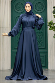  Satin Navy Blue Muslim Evening Gown 5758L - 2