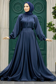  Satin Navy Blue Muslim Evening Gown 5758L - 1