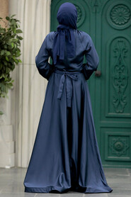  Satin Navy Blue Muslim Evening Gown 5758L - 3