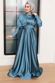  Satin Petrol Blue Muslim Prom Dress 22470PM - 2