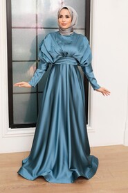  Satin Petrol Blue Muslim Prom Dress 22470PM - 1