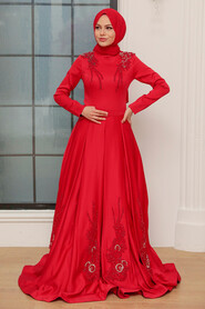  Satin Red Hijab Long Sleeve Dress 777K - 1