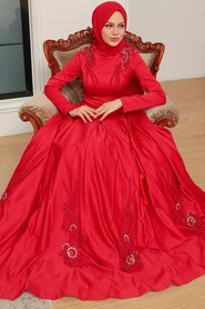  Satin Red Hijab Long Sleeve Dress 777K - 4