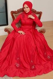  Satin Red Hijab Long Sleeve Dress 777K - 3