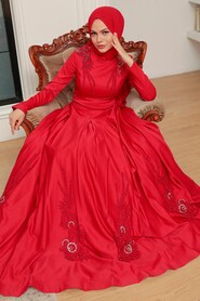  Satin Red Hijab Long Sleeve Dress 777K - 2