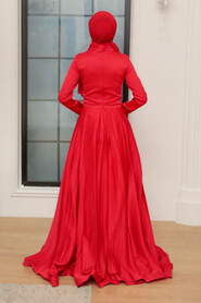  Satin Red Hijab Long Sleeve Dress 777K - 5