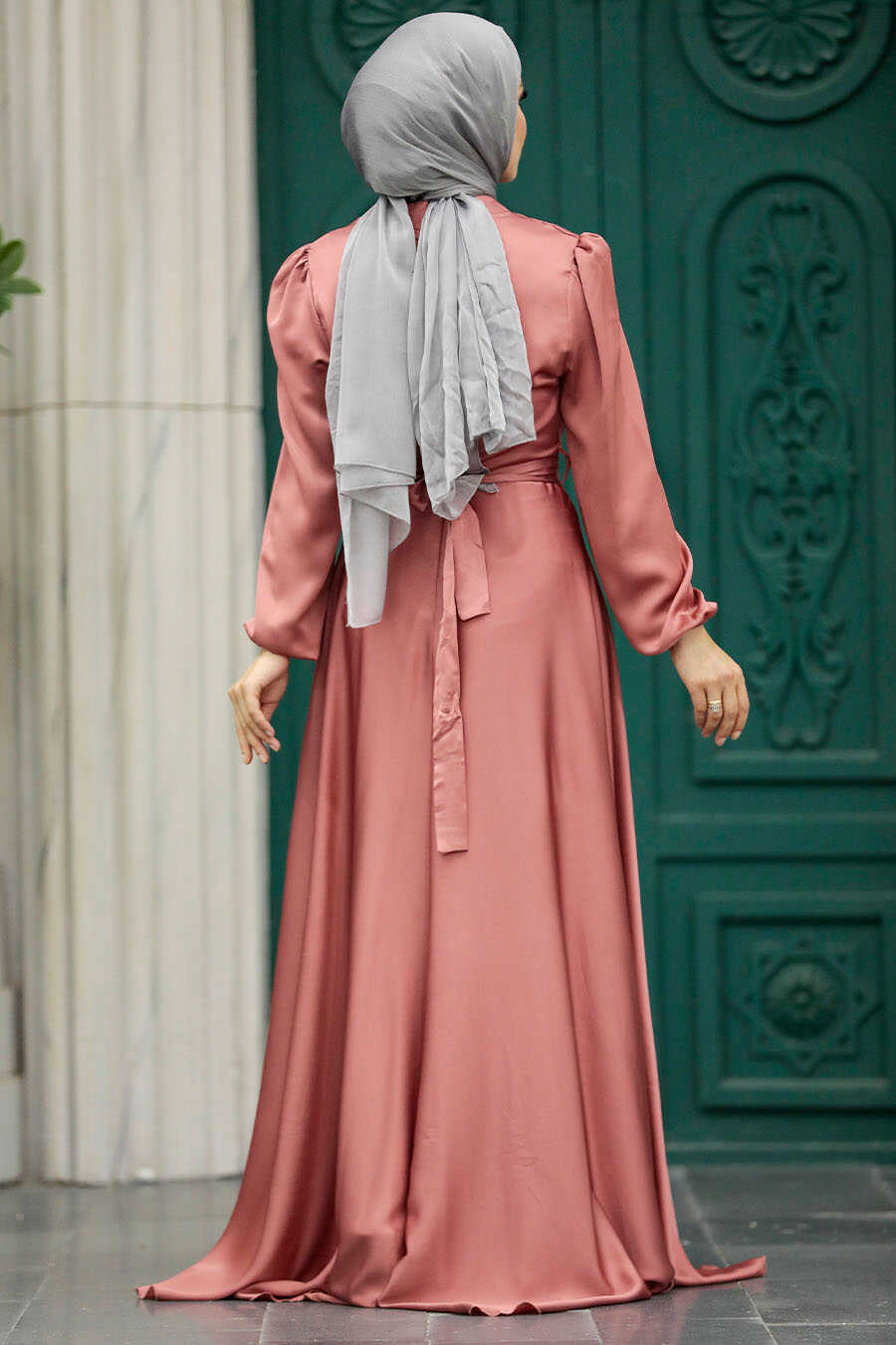 Neva Style - Satin Salmon Pink Islamic Engagement Dress 25131SMN