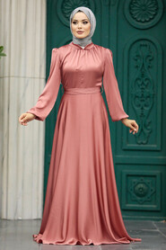 Neva Style - Satin Salmon Pink Islamic Engagement Dress 25131SMN - Thumbnail