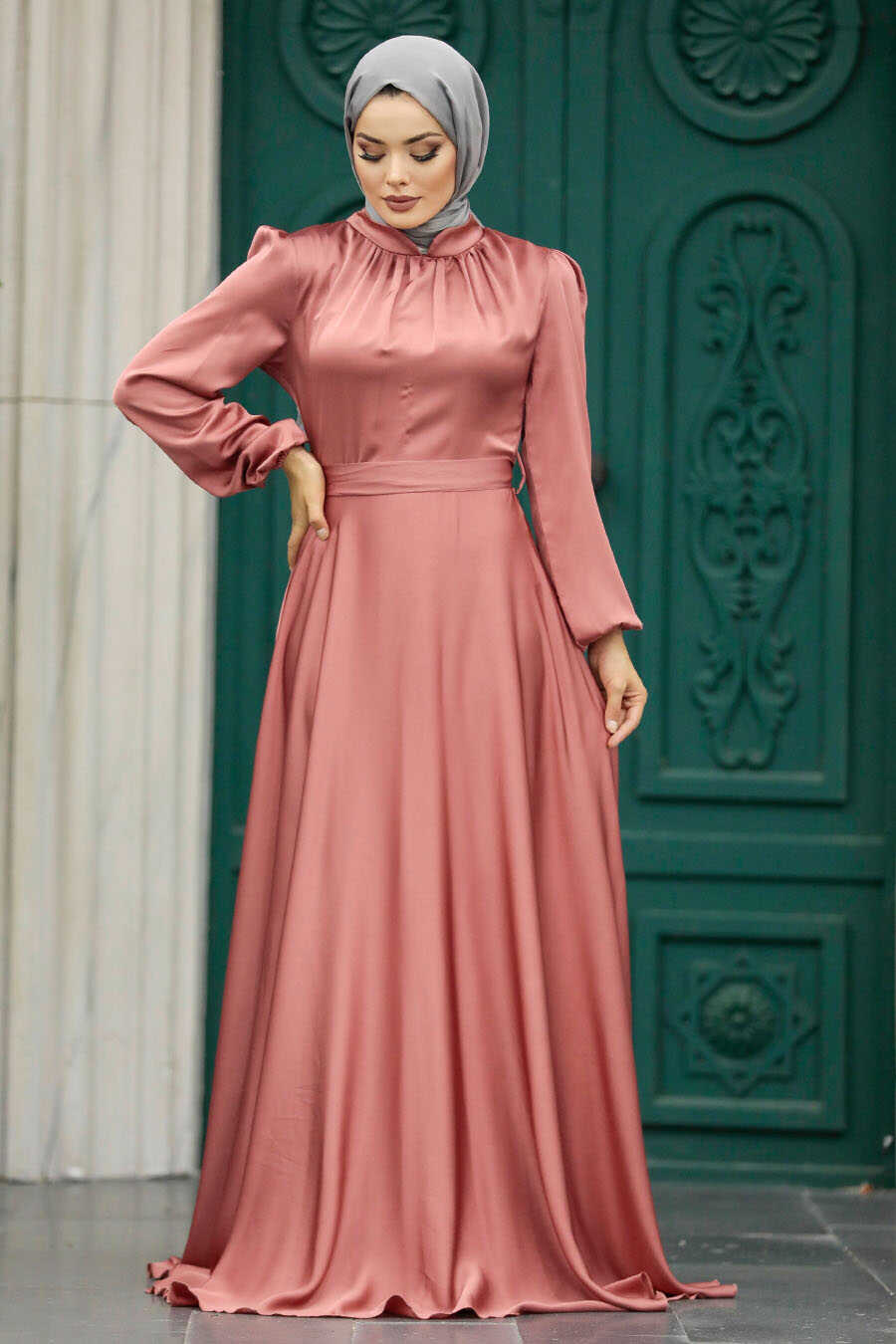 Neva Style - Satin Salmon Pink Islamic Engagement Dress 25131SMN