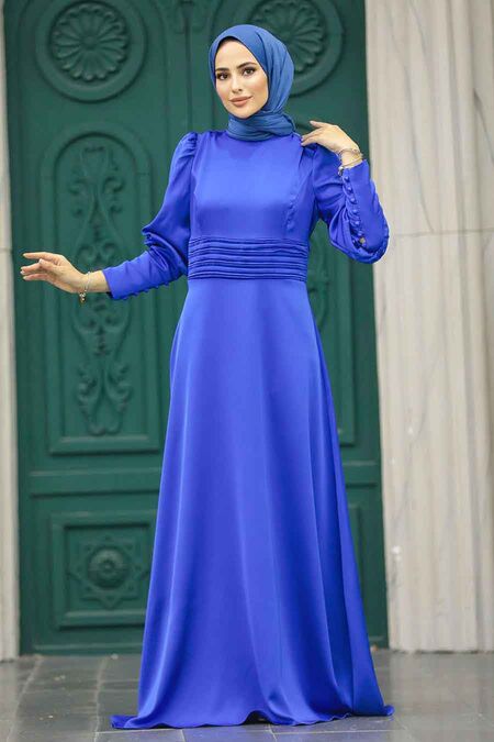  Satin Sax Blue Muslim Bridesmaid Dress 4171SX - NEVA STYLE