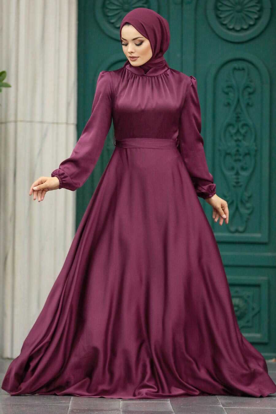 Neva Style - Satin Plum Color Islamic Engagement Dress 25131MU
