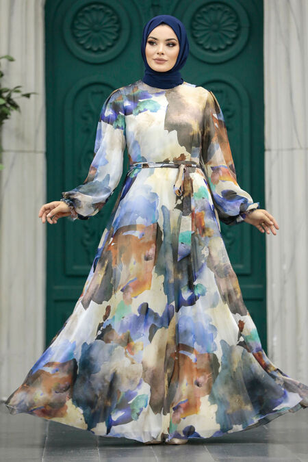  Sax Blue Hijab For Women Dress 33095SX - NEVA STYLE