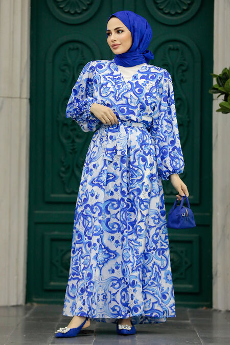  Sax Blue Long Dress for Muslim Ladies 23701SX - NEVA STYLE