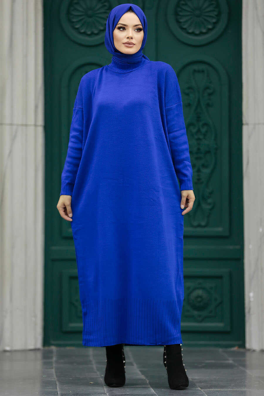 Neva Style - Sax Blue Long Dress for Muslim Ladies Knitwear Dress 3409SX