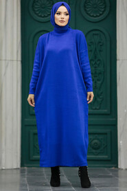 Neva Style - Sax Blue Long Dress for Muslim Ladies Knitwear Dress 3409SX - Thumbnail