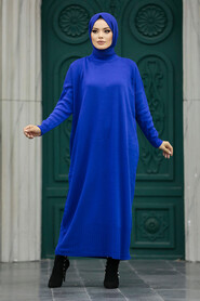 Neva Style - Sax Blue Long Dress for Muslim Ladies Knitwear Dress 3409SX - Thumbnail