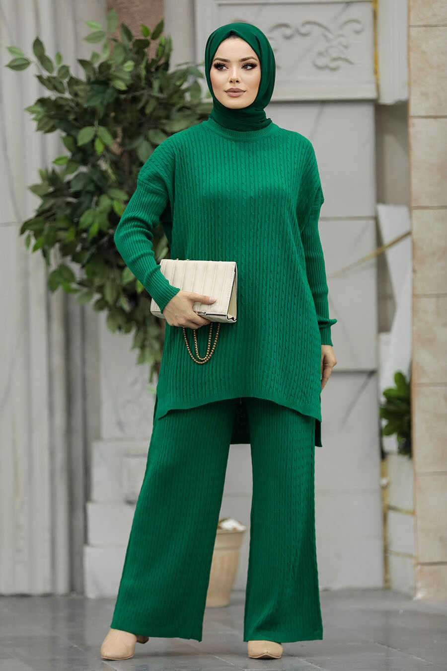 Neva Style - Green Knitwear Muslim Dual Suit 33450Y