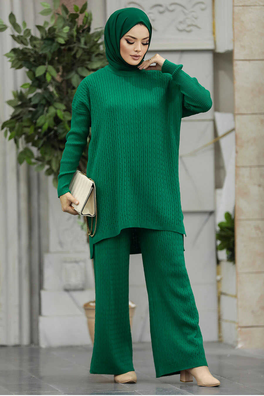 Neva Style - Green Knitwear Muslim Dual Suit 33450Y