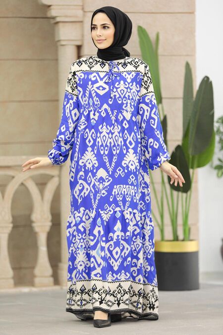  Sax Blue Long Muslim Dress 17510SX - NEVA STYLE