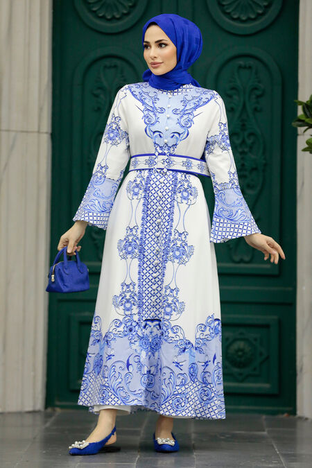  Sax Blue Muslim Long Dress Style 22358SX - NEVA STYLE