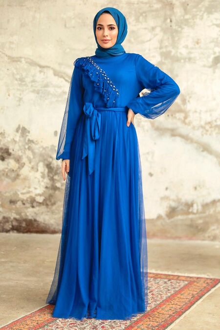 Sax Blue Tukish Modest Bridesmaid Dress 25841SX - NEVA STYLE