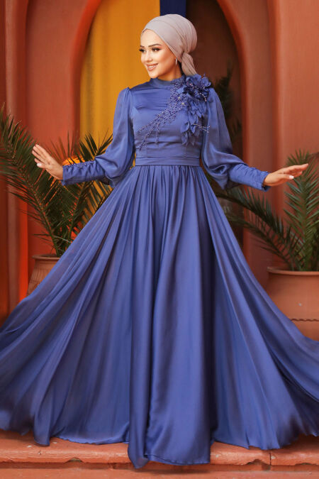  Sax Blue Turkish Hijab Evening Gown 21960SX - NEVA STYLE