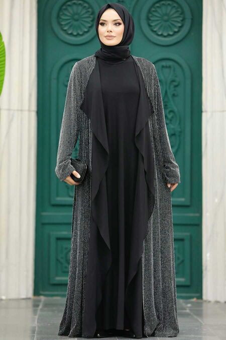  Silver Black Hijab Abaya 10714GMS - NEVA STYLE