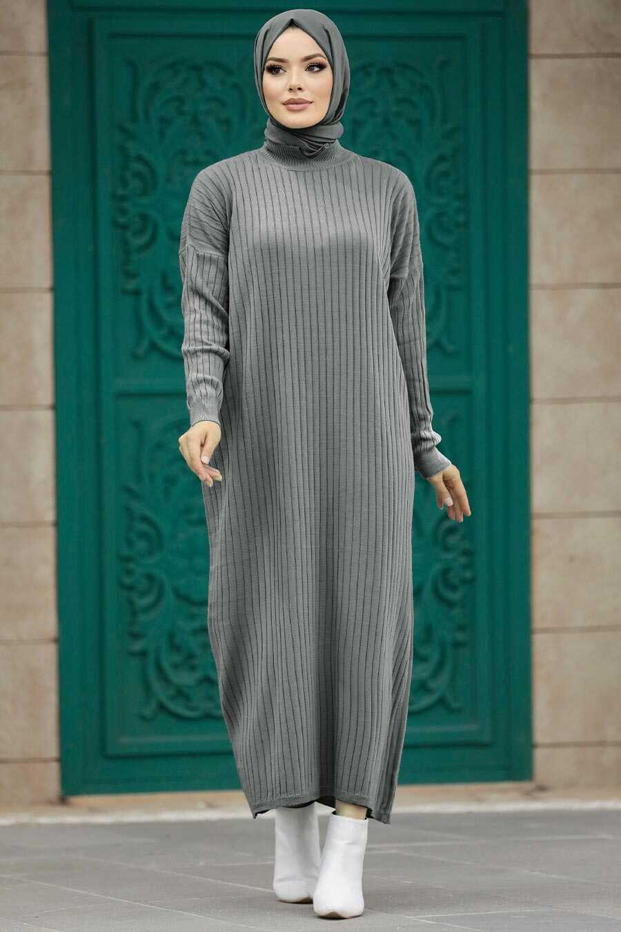 Neva Style - Smoke Color Long Muslim Knitwear Dress 33671FU