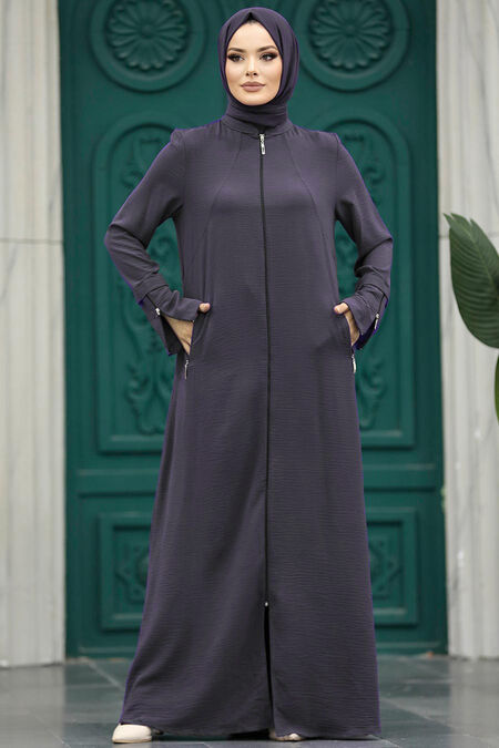  Smoke Color Long Sleeve Turkısh Abaya 11055FU - NEVA STYLE