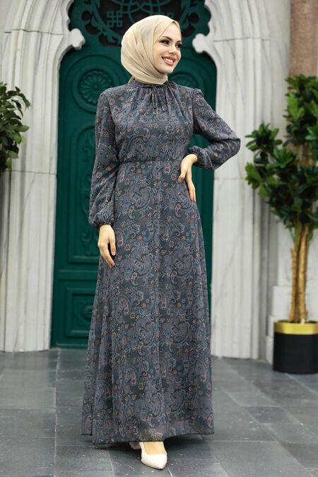  Smoke Color Muslim Long Dress Style 279073FU - NEVA STYLE