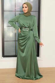  Stylish Almond Green Islamic Long Sleeve Maxi Dress 3606CY - 1