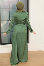  Stylish Almond Green Islamic Long Sleeve Maxi Dress 3606CY - 3
