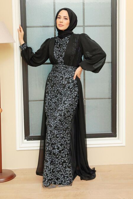 Wedding Guest Party Simple Hijab Dress Stylish Black Hijab Wedding Gown  22071S
