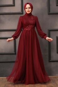  Stylish Claret Red Hijab Evening Dress 22061BR - 1
