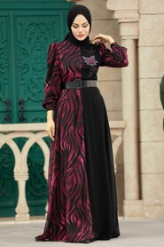  Stylish Claret Red Hijab Wedding Dress 39053BR - 2
