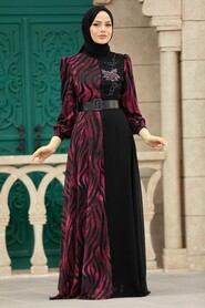  Stylish Claret Red Hijab Wedding Dress 39053BR - 1